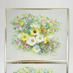 Hand Painted MCM Style Oil Painting w/Pastel Summer Flowers 24.25in x 20.25in (2)