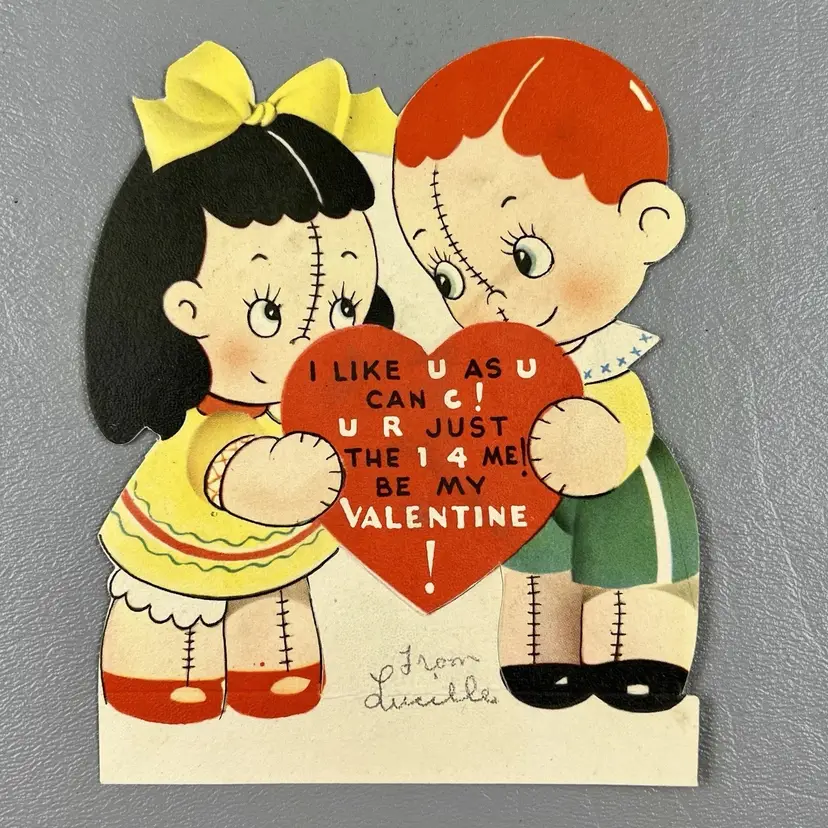 Vintage Valentine Greeting Card Die Cut Girl Boy Doll I Like U As U Can C 5" American Greetings USA