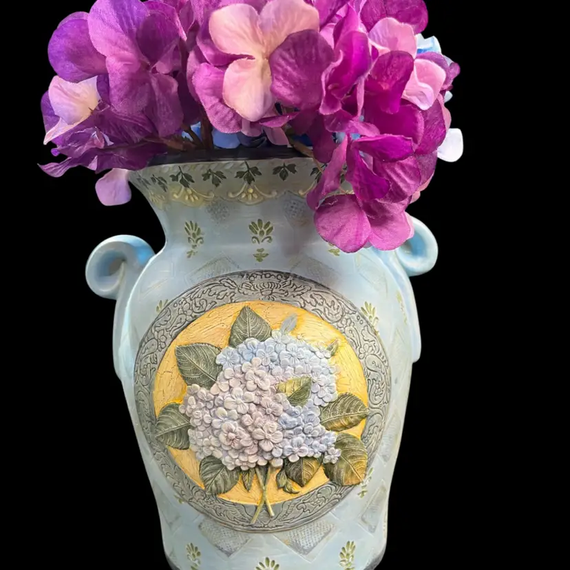 Bob's Pottery-Featuring the Artwork of Elizabeth King Brownd-Antiques & Heirlooms. Design Includes a Relief-Sculpted Hydrangea Medallion on a Yellow Background. Handles. Beautiful 9" High Accent Vase