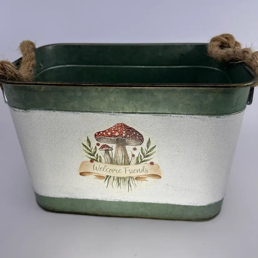Mushroom Welcome Friends Metal Storage Box With Rope Handles 11”x6.5”x7.5” Tall