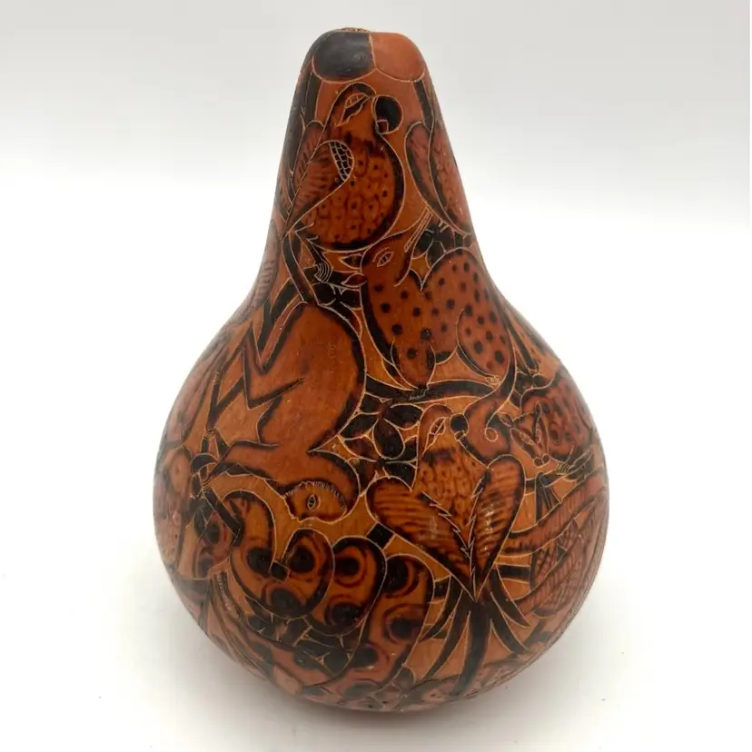 BIN - Carved And Dyed Pear-Shaped Peruvian Gourd With Birds, Butterfly, And Animals