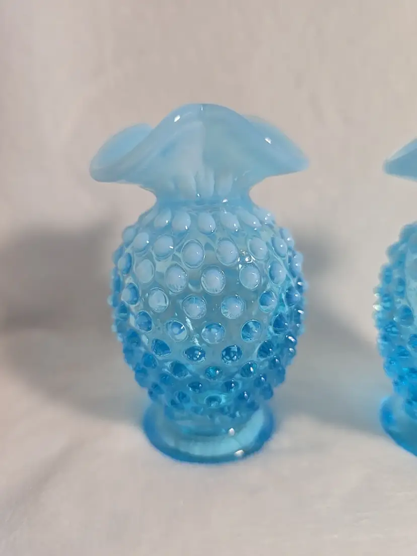Fenton Style Blue Opalescent Hobnail Mini Vases Pair Ruffled Rim