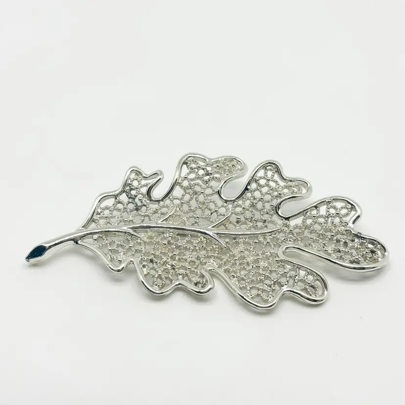 Sarah Coventry Vintage Brooch Pin Silver Tone Filigree Leaf Large 4" Signed B25