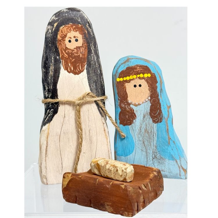Wood Hand Crafted and Painted Holy Family Nativity Primitive Folk Art Rustic 5"