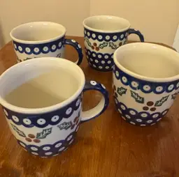 Set Of 4 Christmas Polish Pottery Mugs