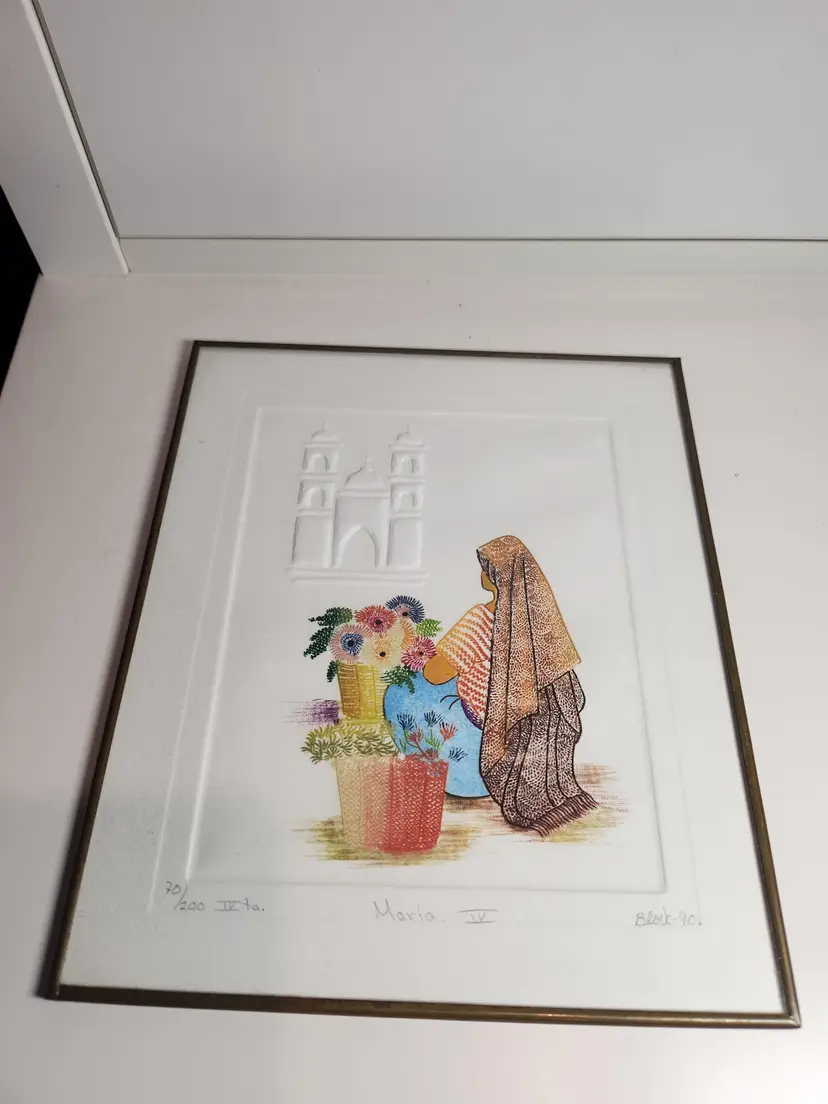 Vintage handmade Ink original embossed art thin metal framed glass w/ hook