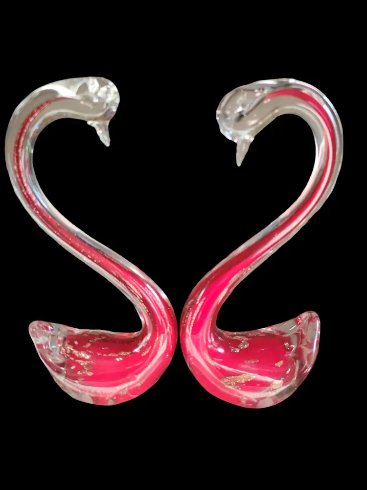 #01 Large Red With Gold Flecks Cased Swans Pair 8 1/4" Tall