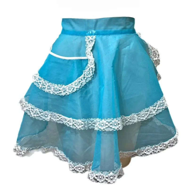 Organdy French Maid Half Apron Vtg Layered Blue Ruffled Lace Hostess Sheer