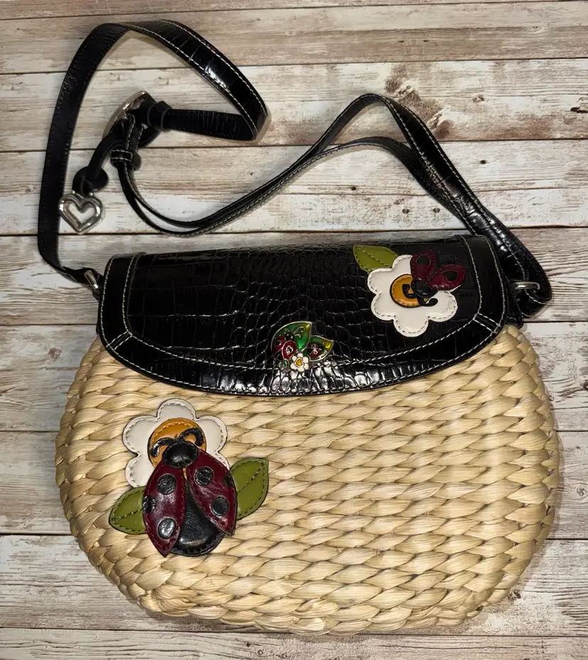 Brighton Black/Tan Leather and Rattan Ladybug Crossbody Bag Handbag Purse 10x8x3