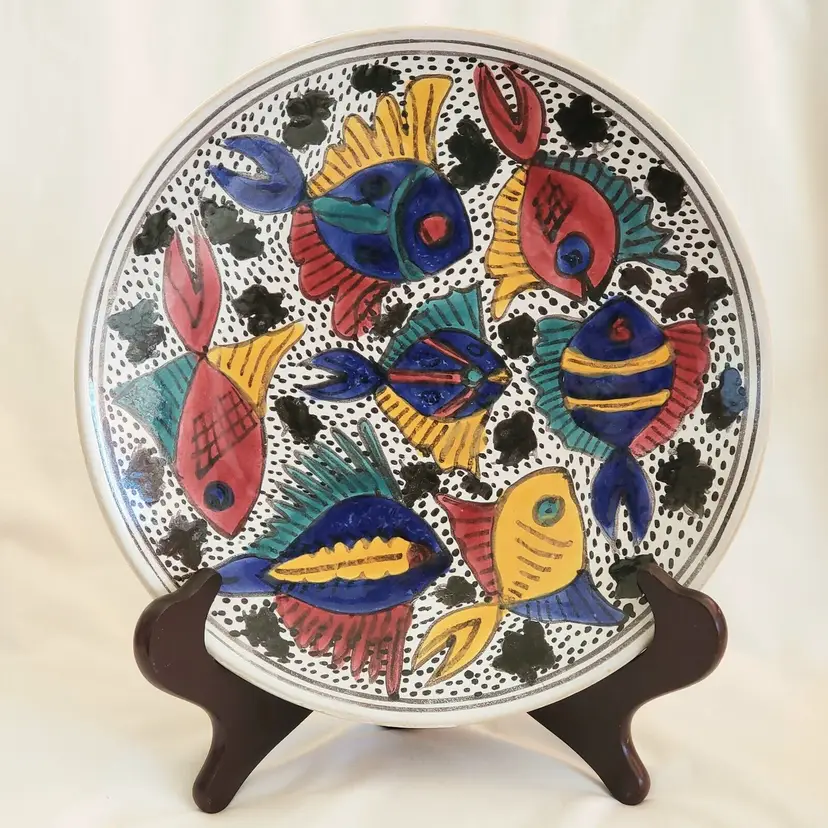 Ceramic Art Hand Painted Fish Decorative Hanging Plate Nabeul Tunisia 11⅝" diameter Vintage