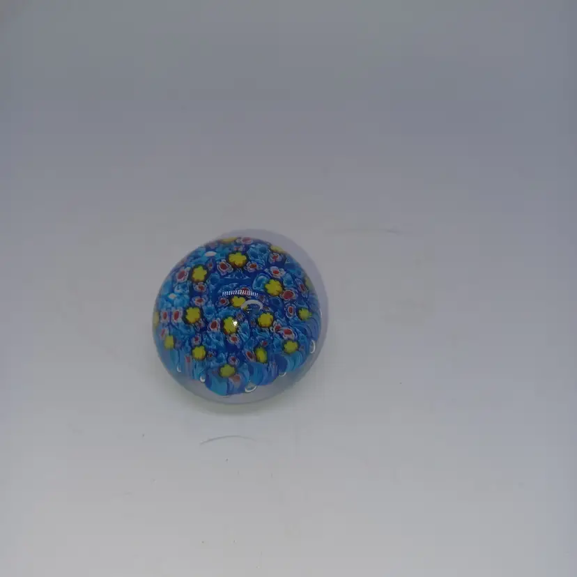 Vintage Murano Millefiori Glass Paperweight Blue & Yellow 1.5 in