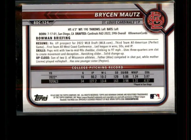 2022 Bowman Draft Sapphire Edition #BDC-124 Brycen Mautz - (138) - St. Louis Cardinals