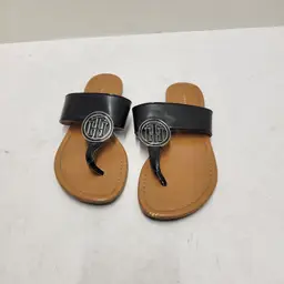 Tommy Hilfiger Womens Black Tan Medallion Logo Thong Flat Sandals Size 6M