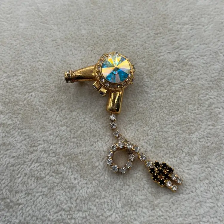 #J28 - Hair Blow Dryer Brooch Gold Tone AB Beautician Stylist