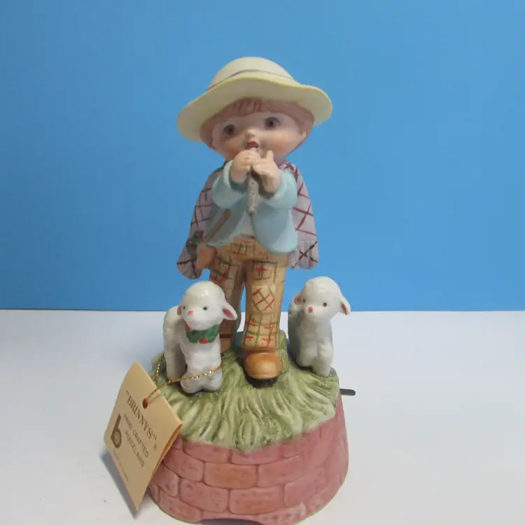 vintage Brinnys hand crafted  boy playing flute with sheep musical figure Brinn plays Mary Had A Little Lamb
