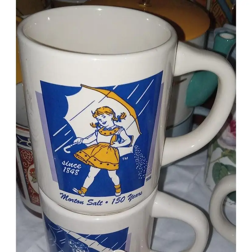 Pair of Bryan China New Castle Pa 1956 Commemoration of 150 yrs of Morton Salt mugs