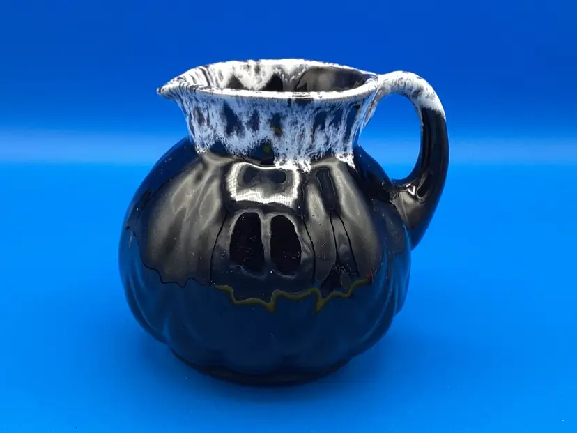 2824-Vintage Black And White Drop Glaze Pottery Pitcher, Canada, 4 Inch