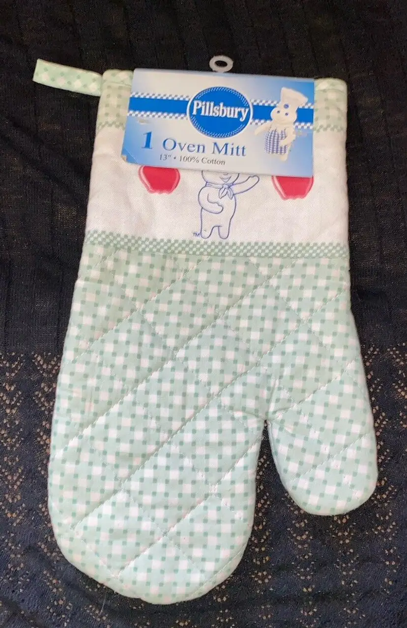 Pillsbury Doughboy Poppin Fresh Oven Mitt Apples Green Checkered New 2005