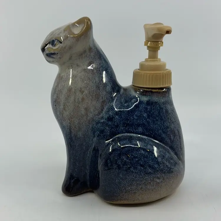 North Eagle Art Pottery Cat Soap Dispenser Signed 5.5”
