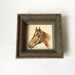 Vintage Horse Head Equestrian Art Painting Wooden Frame Signed gae
