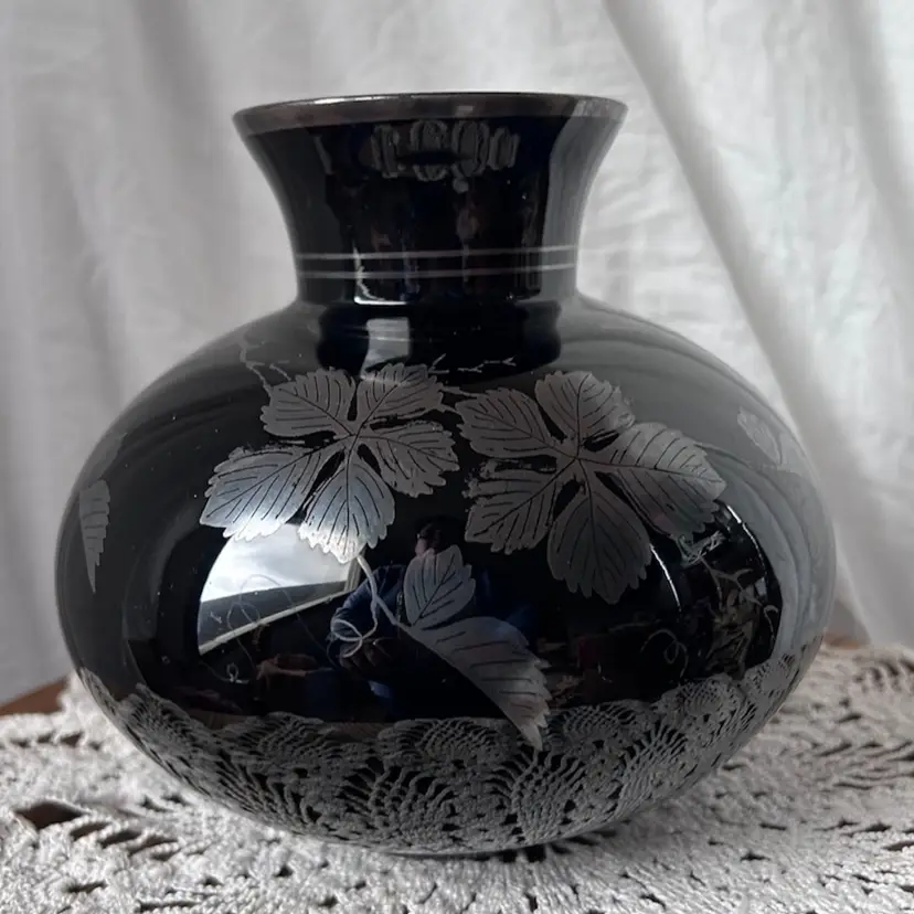 Vintage Art Deco Style Black Glass Vase With Silver Overlay 6” Tall