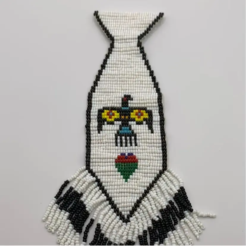 81. Vintage Native American Hand Made Glass Seed Bead Thunder Bird Necktie Pendant