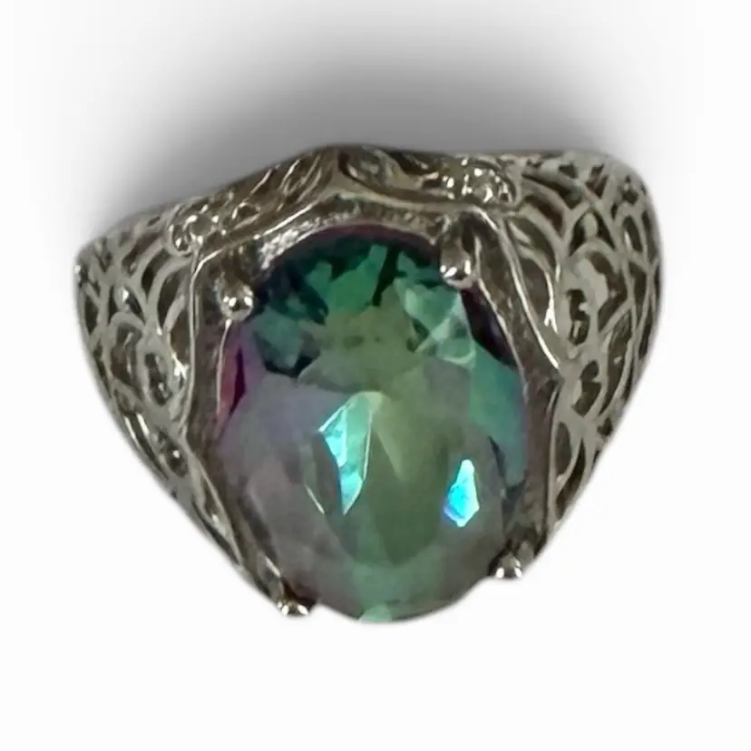 Silver Tone Rainbow Mystic Topaz Style Ring - Size 6.75