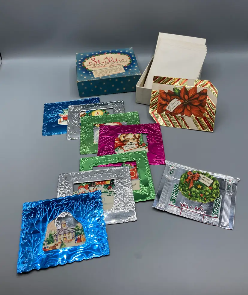 Vintage 1940's Box of 9 Starlites Luster metal Metallic Christmas Cards with Built in Easel - READ
