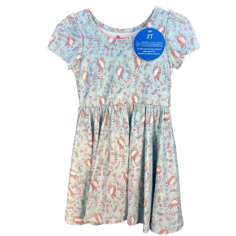 Charlie’s Project Twirl Dress Unicorns Hearts Blue Pockets Size 2T New