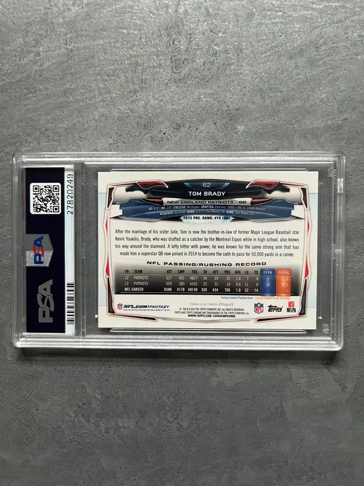 2014 Topps Chrome Tom Brady #62 Blue Wave-Blue Jersey Refractor PSA 10