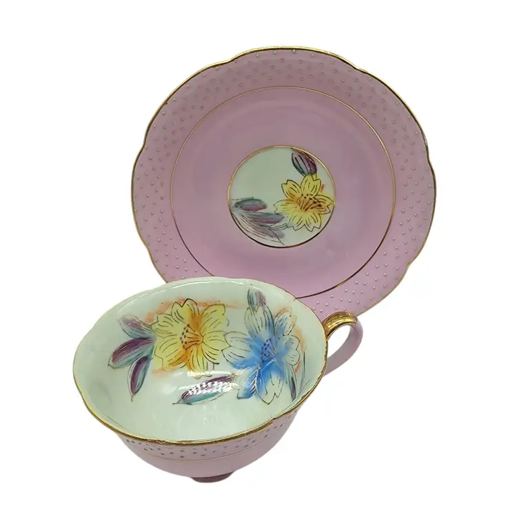 Merit Occupied Japan Pink Floral Tea Cup Saucer With Gold Trim