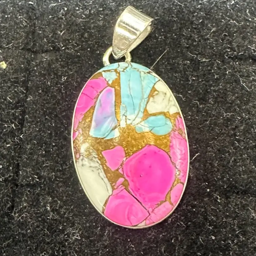 Large Multi Color Gemstone Cotton Candy Dahlia Turquoise, Copper, & Spiny Oyster Sterling Silver Pendant