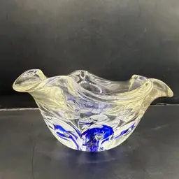 Zimmerman Signed Blue & White Controlled Bubble Paperweight Style Art Glass Bowl 6x3” READ