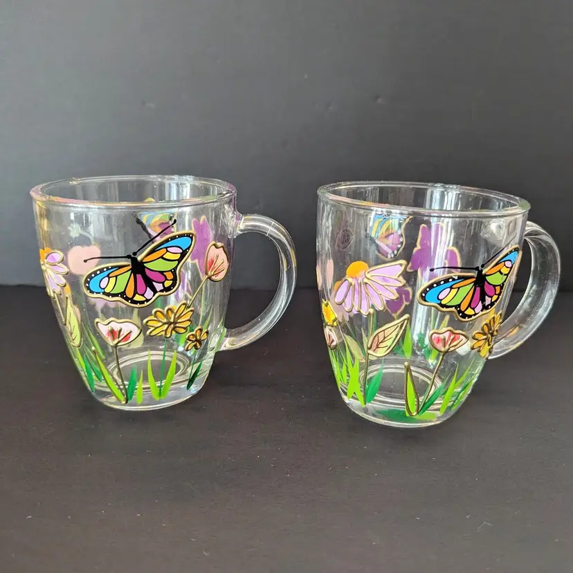 Set of 2 Beautiful Hand Painted Enamel Clear Glass Mugs Flowers and Butterflies