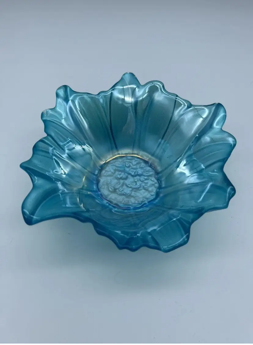Light Blue Flower Shaped Bowl Trinket Dish 2'' High 6'' Diameter