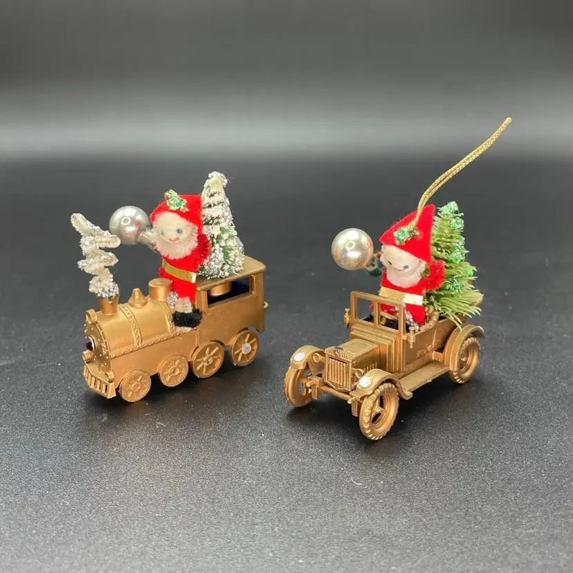 Set of 2 Gold Plastic Car Train Santa Tree Hanging Christmas Ornaments
