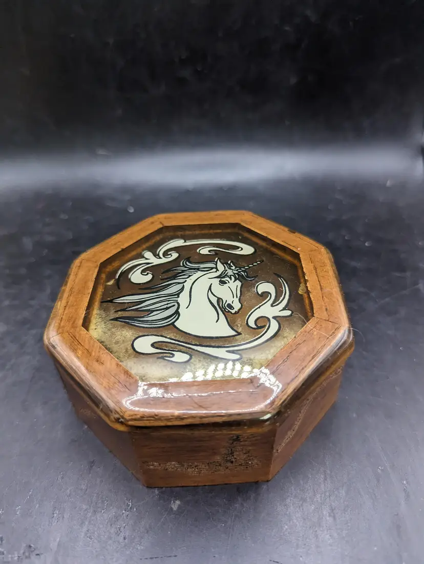 Vintage Wooden Trinket Box With a Unicorn Design On The Lid