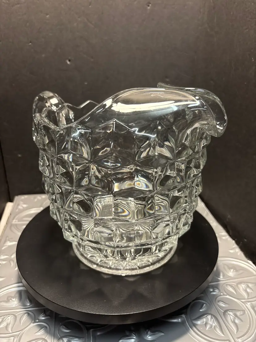 Vintage Fostoria glass pitcher with ice lip. American cubist design 6.5 tall  Cube itched design