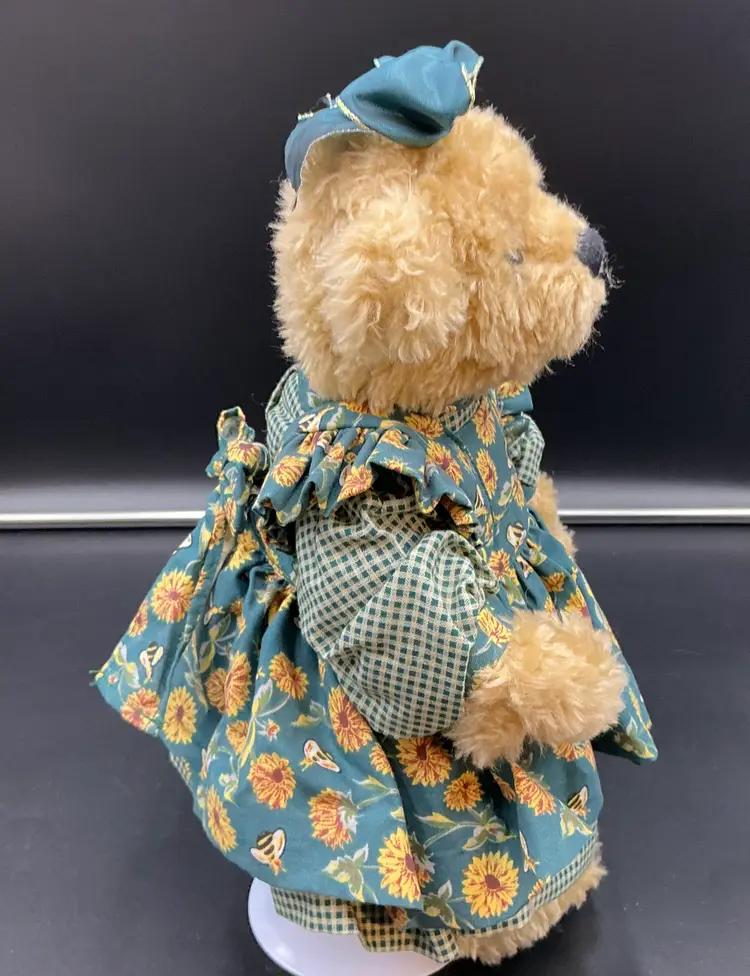 “Belinda” Bear by Mary Holstad for Ashton Drake Gallery, mohair. Jointed. Adorable sunflower dress. W/stand