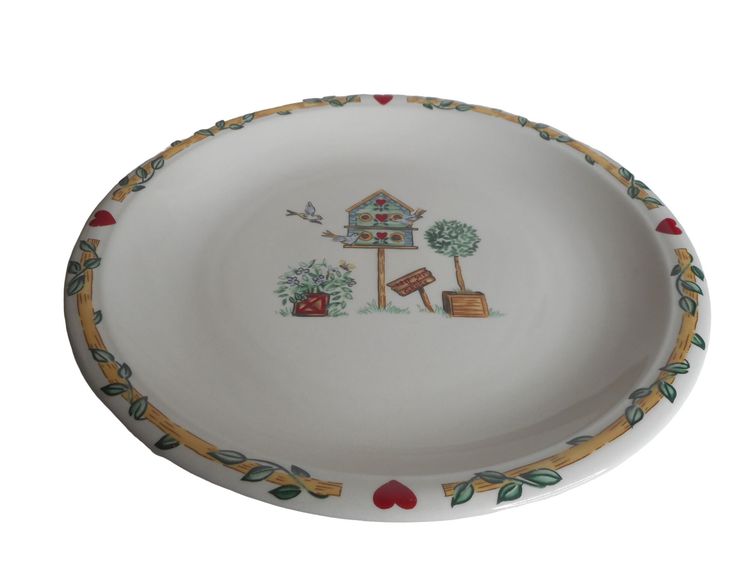 Vintage Thomson Pottery Birdhouse Topiary 12" Chop Plate Dish Platter #1