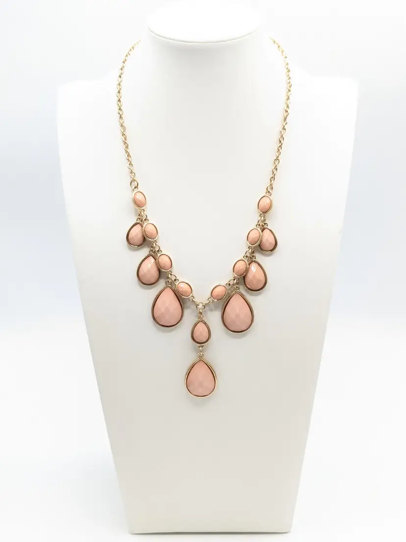 Charming Charlie Pink Faceted Glass Gold Tone Necklace