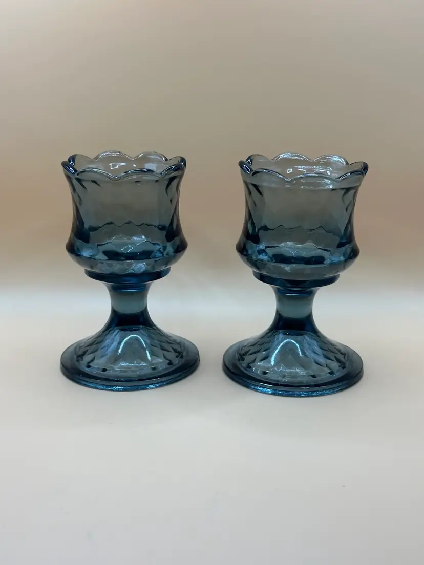 ✨2 Fenton Glass Diamond Optic Pedestal Candle Holder 4 1/2" Smokey Grey
