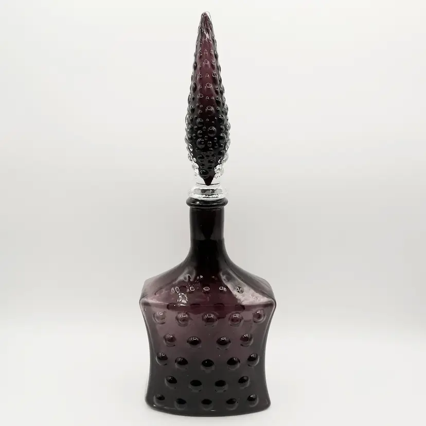 Vintage Amethyst & Clear Glass Hobnail Genie Bottle with Stopper