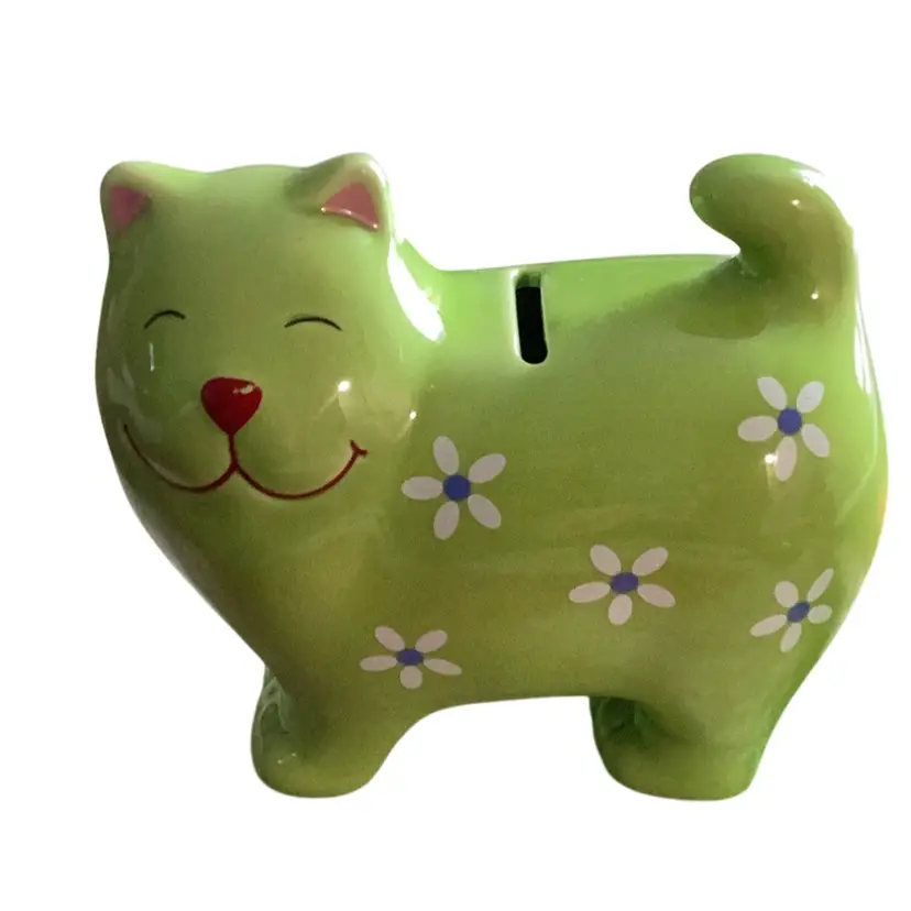 Vintage Grinning Green Cat With Daisies Coin Bank No Stopper