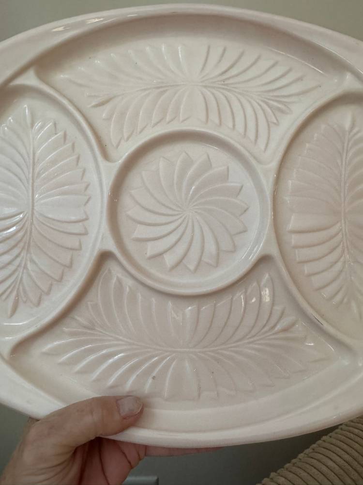 Vintage Jeannette Shell Pink Milk Glass Divided Serving Platter 15.5”x11”