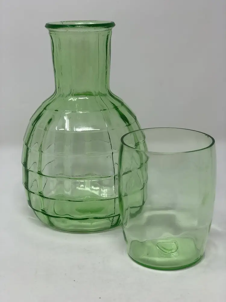 Anchor Hocking Uranium Glass Tumble Up Carafe and Glass Drinking Set 6 1/2"