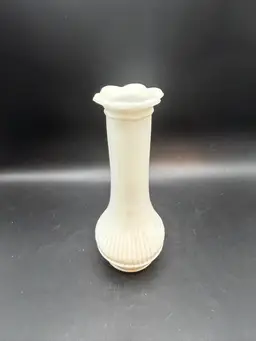 White Milk Glass Bud Vase With A Fluted Base and Scalloped Rim