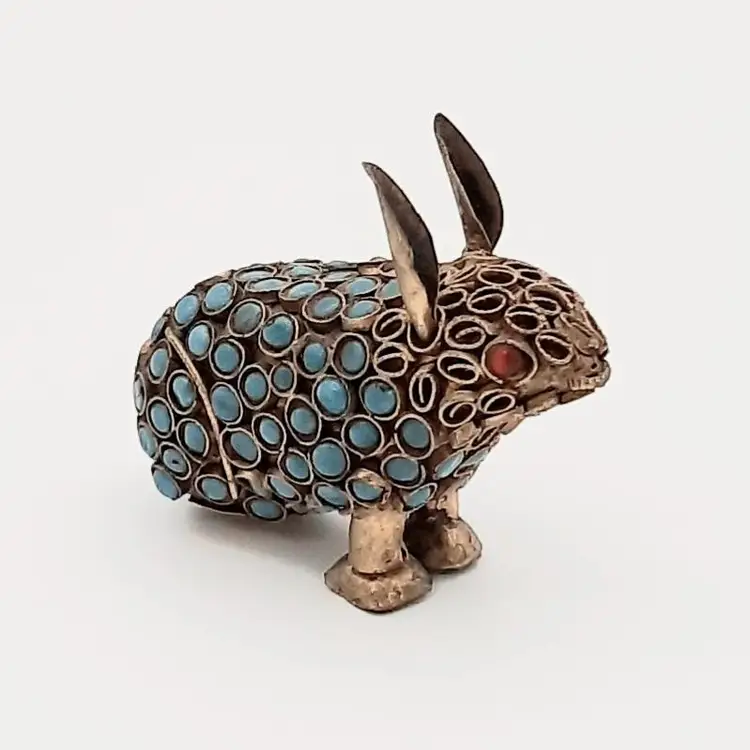 Bunny Rabbit Miniature Figurine Nepalese Tibetan Brass Filigree Turquoise Coral Beads