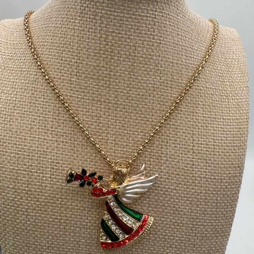 Vintage Gold-Tone Holiday Angel Pendant- Brooch With 24” Gold-Tone Chain & Rhinestones