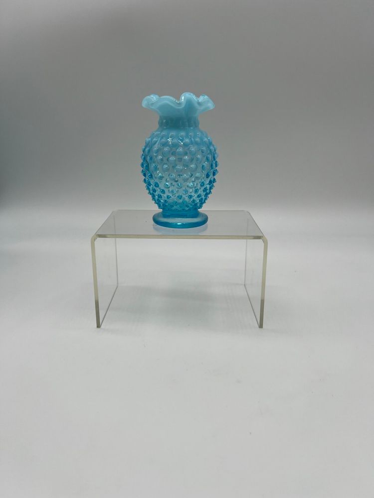 Vintage Fenton Blue Opalescent Ruffled Hobnail Small Glass Bud Vase